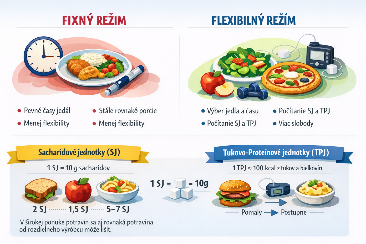 Stravovanie diabetika: flexibilný vs. fixný režim, sacharidové jednotky, sacharidový pomer a TPJ
